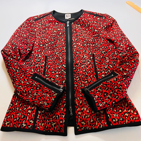 Anne Klein Leopard Print Full Zip Blazer Jacket Red Black Size 12 - Picture 7 of 12